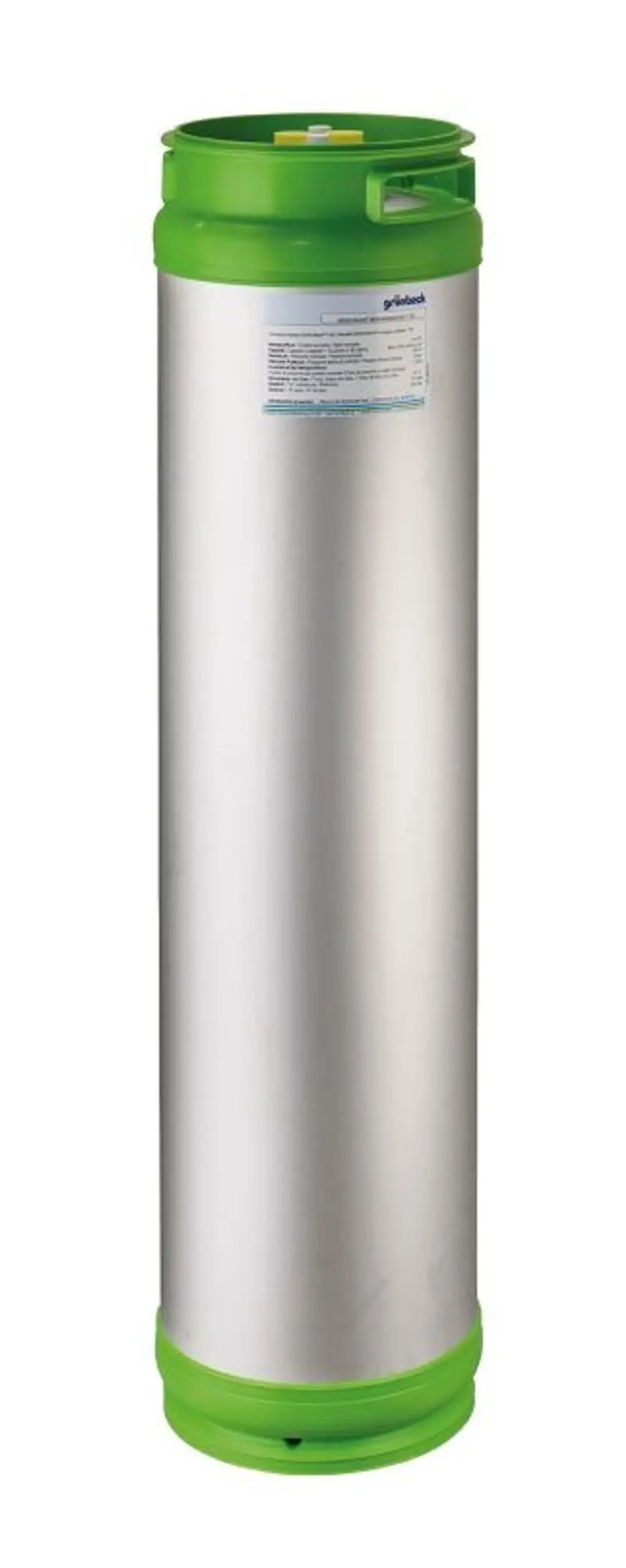 Metallene Wasserenthärtungspatrone mit grünem Kunststoffverschluss. Produkt von Grünbeck, geeignet zur Behandlung von Trinkwasser.